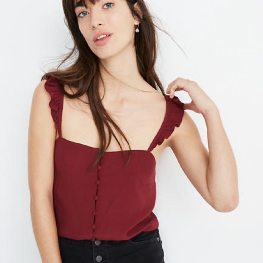Madewell Burgundy Red Ruffle Strap Button Cami Tank Top Size 6